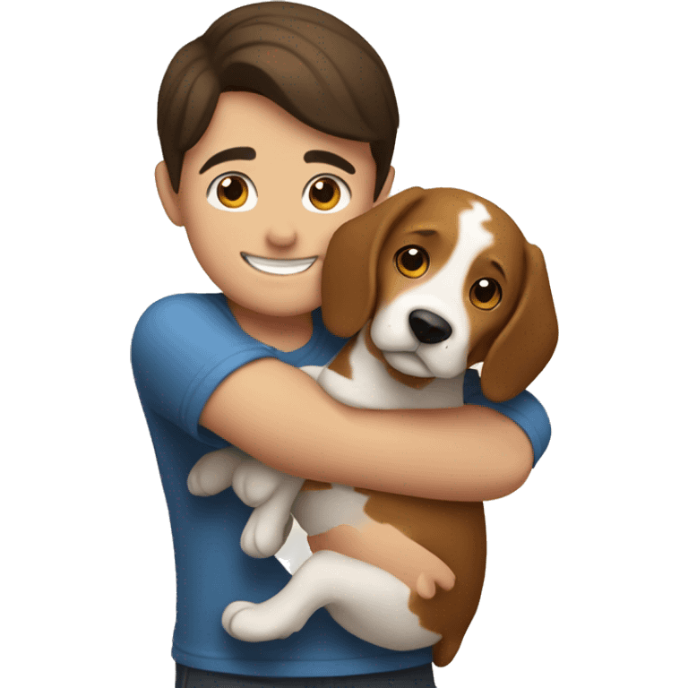 Brunette boy hug a happy beagle  emoji