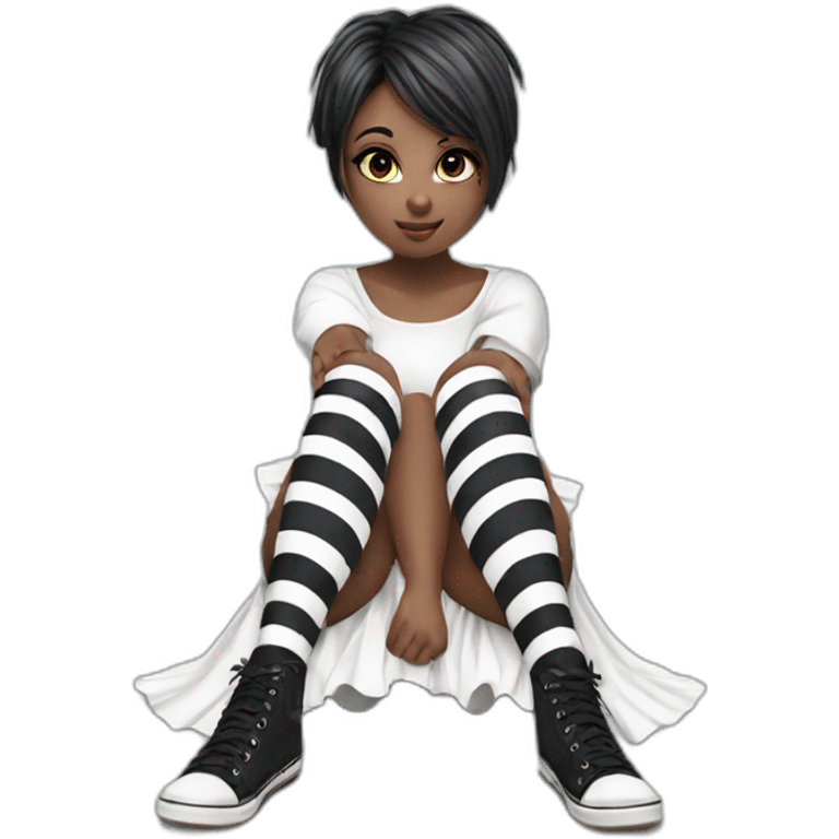 Hyperrealistic Frontal view curvy emo girl sits white skirt striped stockings hands up emoji