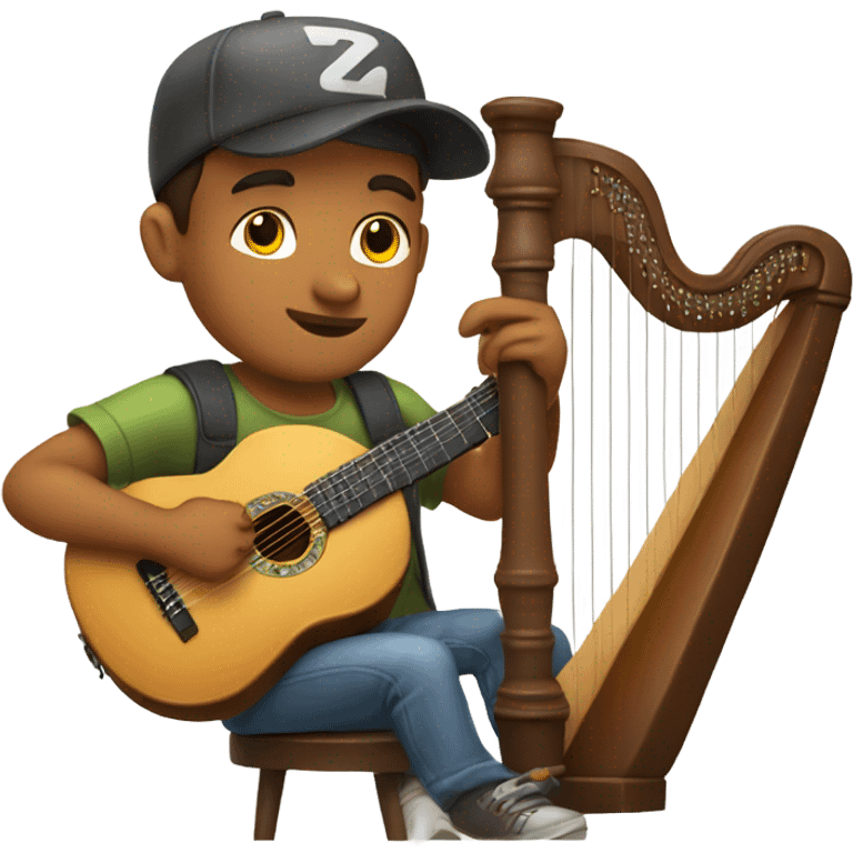 Young guy casual with ball cap playing a big harp that looks similar to a banjo  emoji