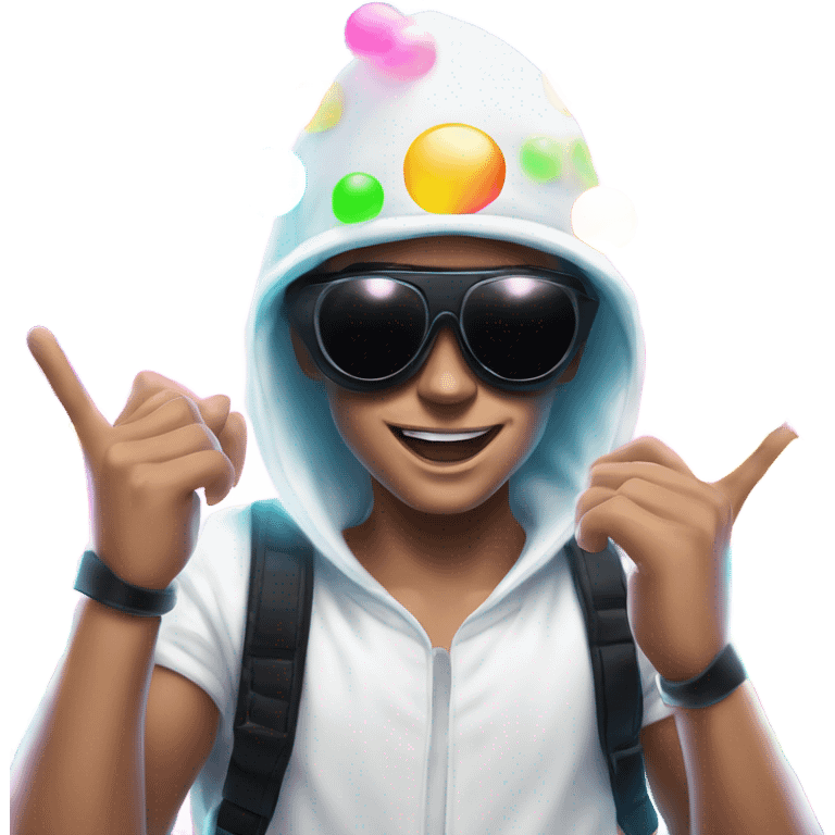 Caucasian boy at rave wearing a black mask and sunglasses a white glowing outfit and glowing hat with bubble guns in each hand with bubbles all around emoji