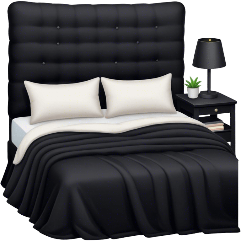 Black bed with pillows and blankets, cozy vibe emoji