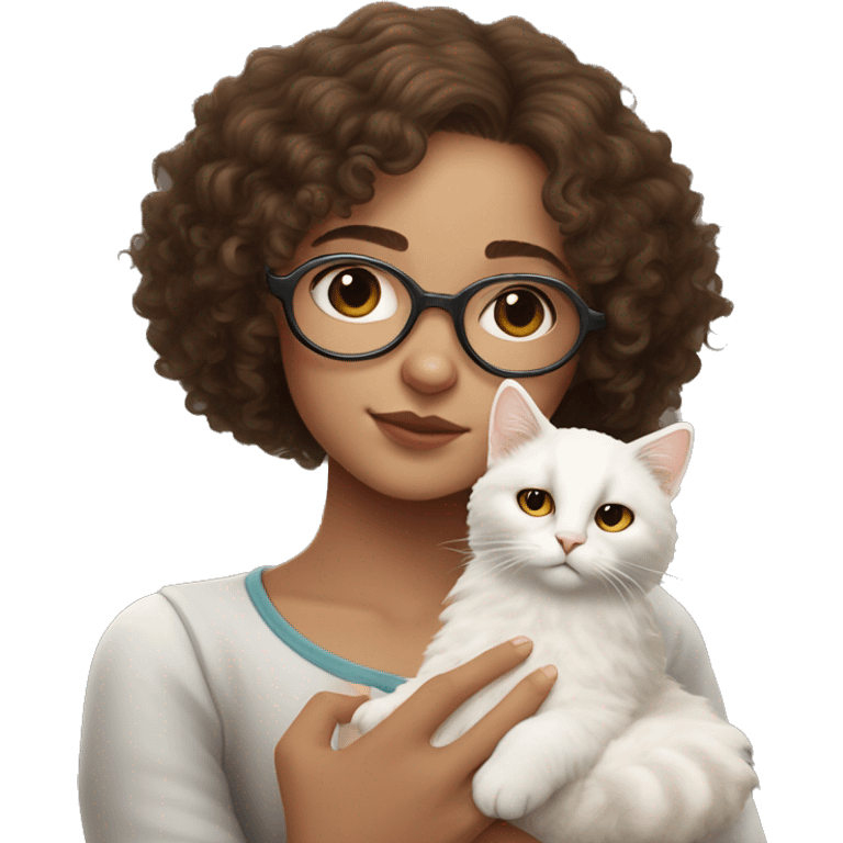 curly haired light brunette with freckles girl holding a white cat in hands. the cat is sleeping. the girl uses white round glasses like harry potter emoji