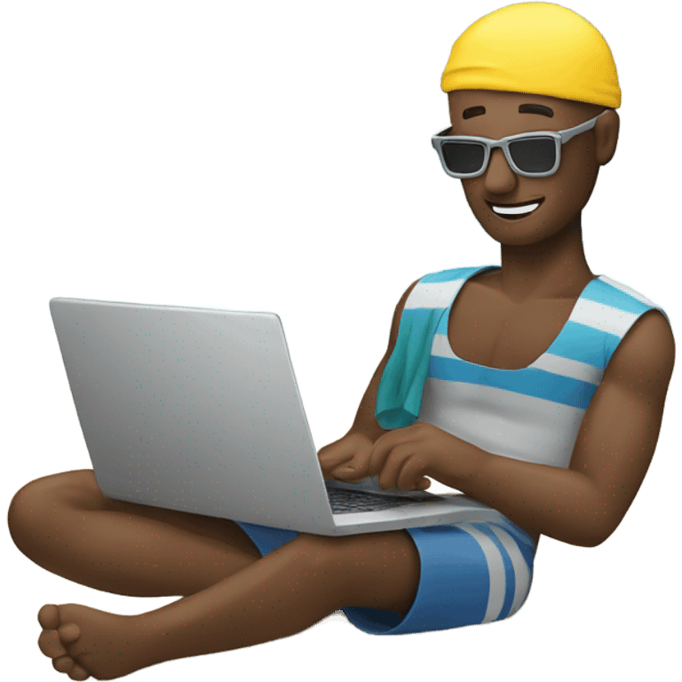 Man working with laptop on beach while holiday emoji