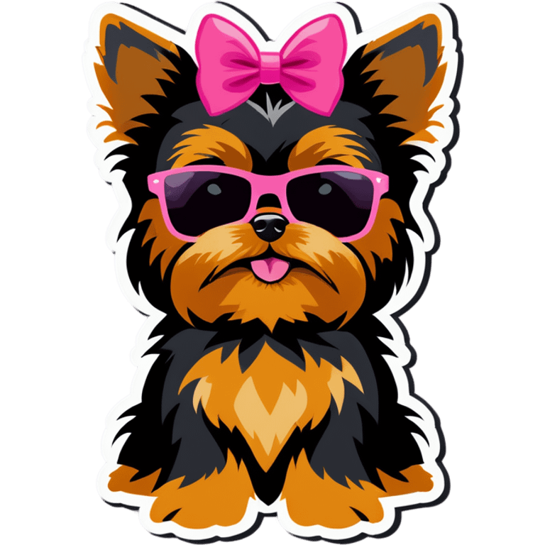 Yorkie with a pink bow in hair with sunglasses emoji