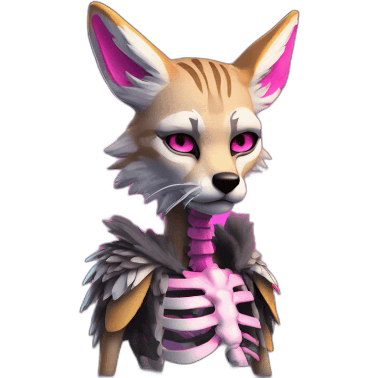 Coyote ocelot standing with grey and black fur and phoenix wings on back and pink ears half skeleton injured nose and face, neon lights emoji