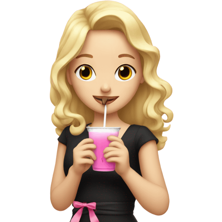 Blonde girl with black ribbon drinking from Pink stanley  emoji