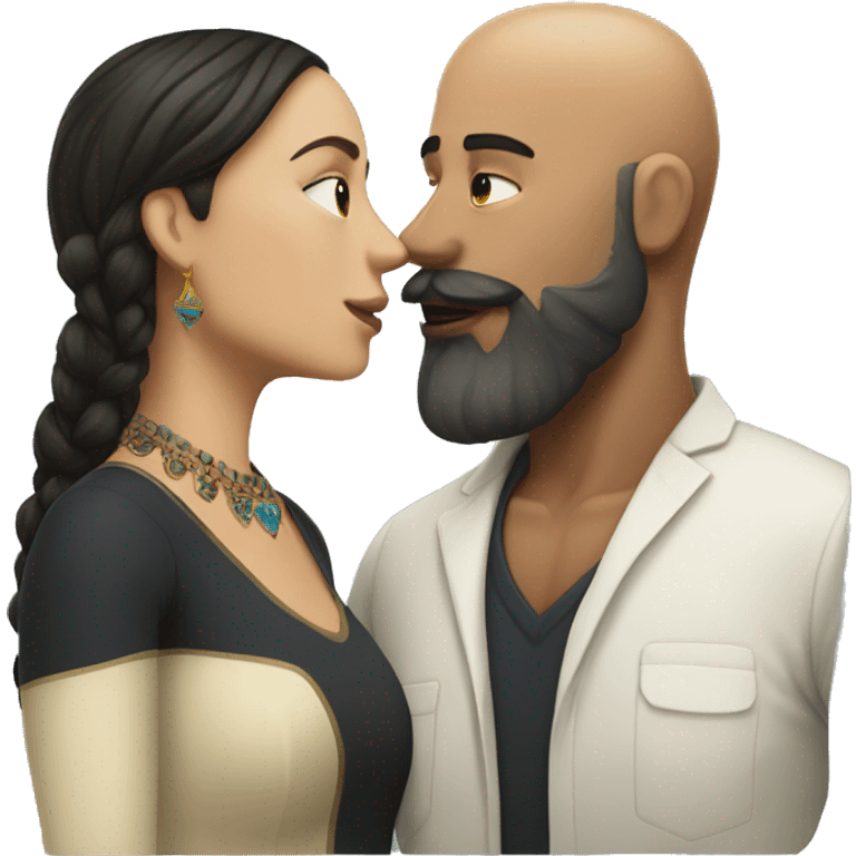 White bald man with dark beard kissing short Mexican woman with long dark wavy hair emoji