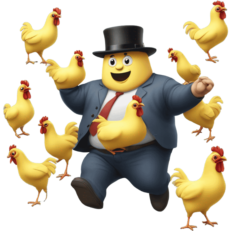 Fat man with banana in a hat with a chicken jumping with minions fkying emoji