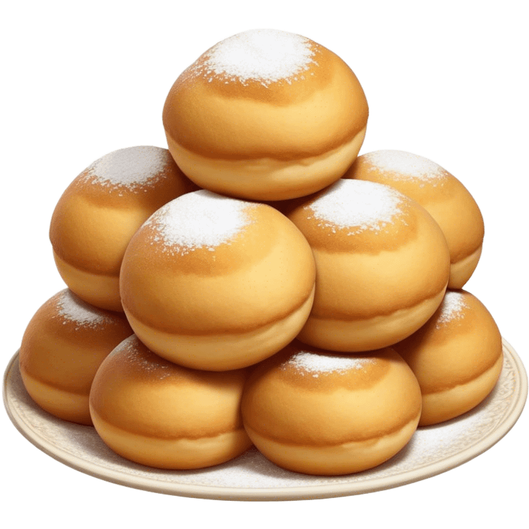 Cinematic Realistic image of simple round buñuelos, depicted with a lightly crisp, golden exterior and soft, airy interior, dusted with a subtle layer of powdered sugar and set against a rustic backdrop with warm, inviting lighting. emoji