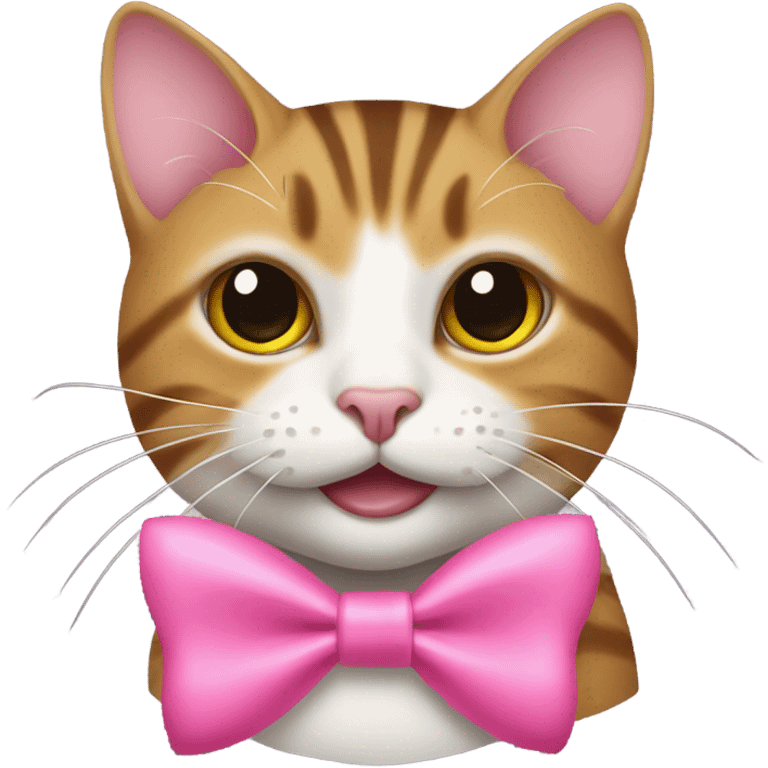 Tabby cat  wearing a pink bow with a fish in its mouth emoji