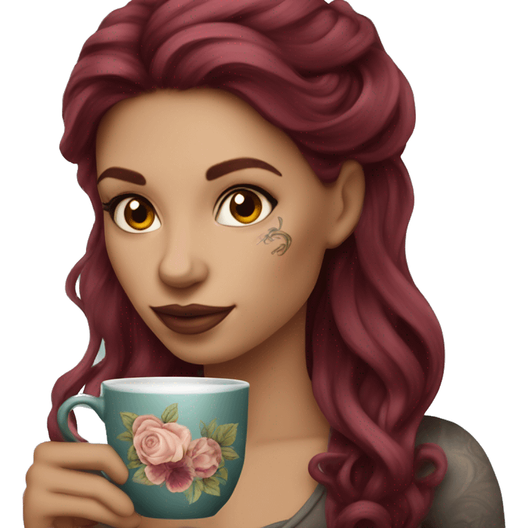 Beautiful tattooed  burgundy long haired woman sipping tea emoji