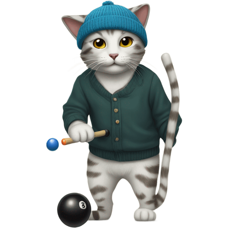 Cat playing pool wearing college beanies emoji