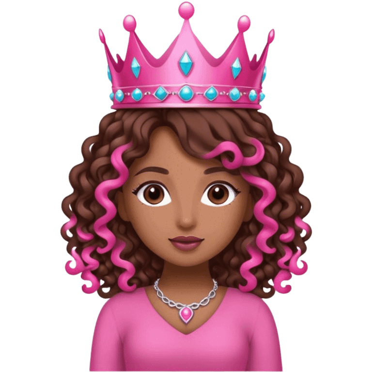 Brown girl diva long curly brown hair with pink crown emoji