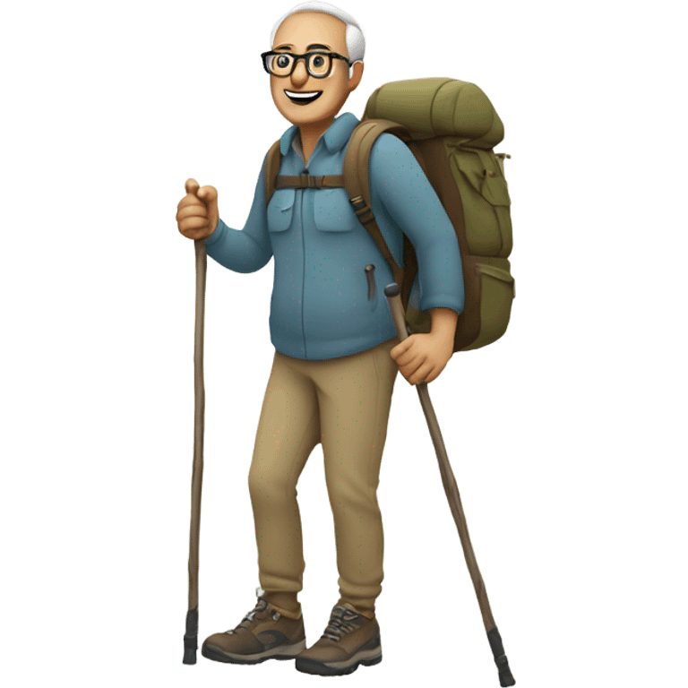 Man with seeing glasses hiking full body with hiking sticks emoji