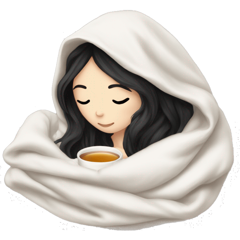 Pale Girl with black hair cozy in a white blanket seeping tea  emoji