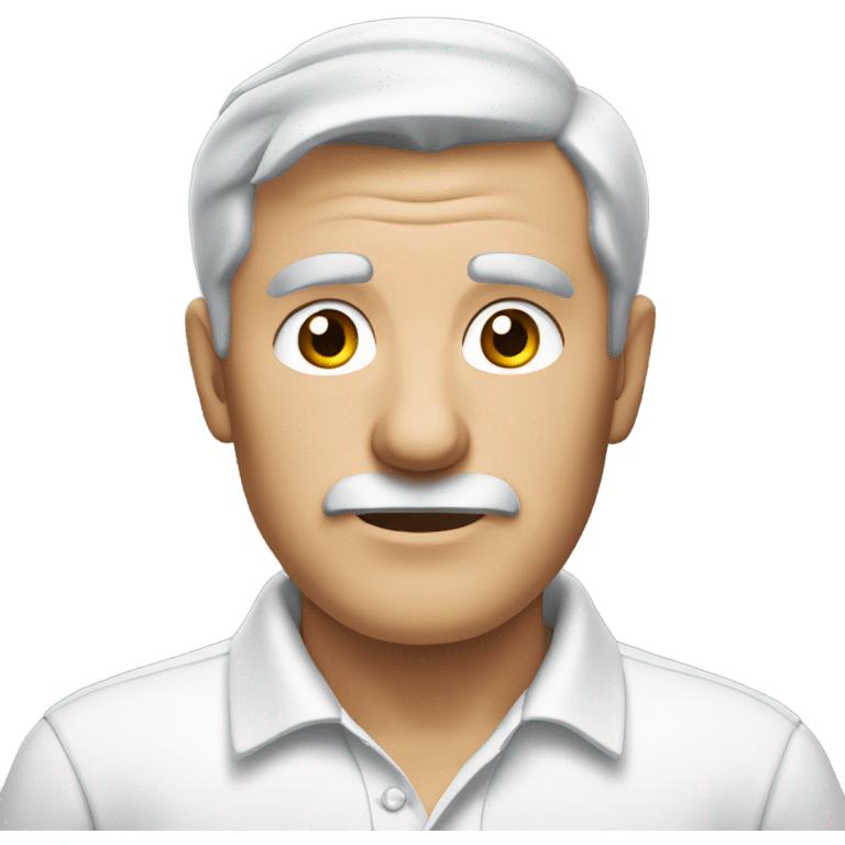 old english man, grey hair, no moustache or facial hair. wearing a white smart polo shirt with black buttons. emoji