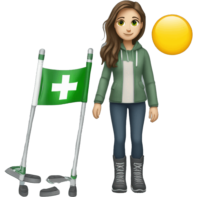 A girl with a moon boot and crutches with brown hair and green eyes  emoji