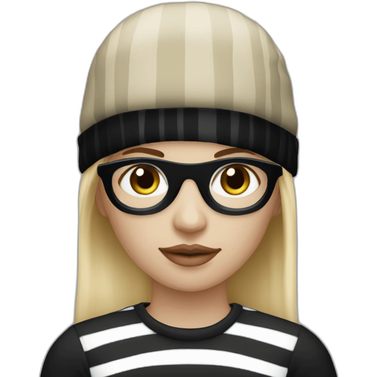 blonde woman in black beanie hat, black eye mask and striped shirt emoji