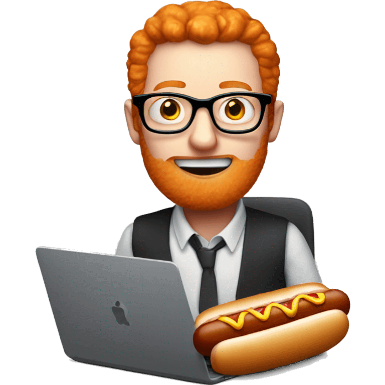 ginger person with a hot dog in mouth sat at computer with glasses emoji