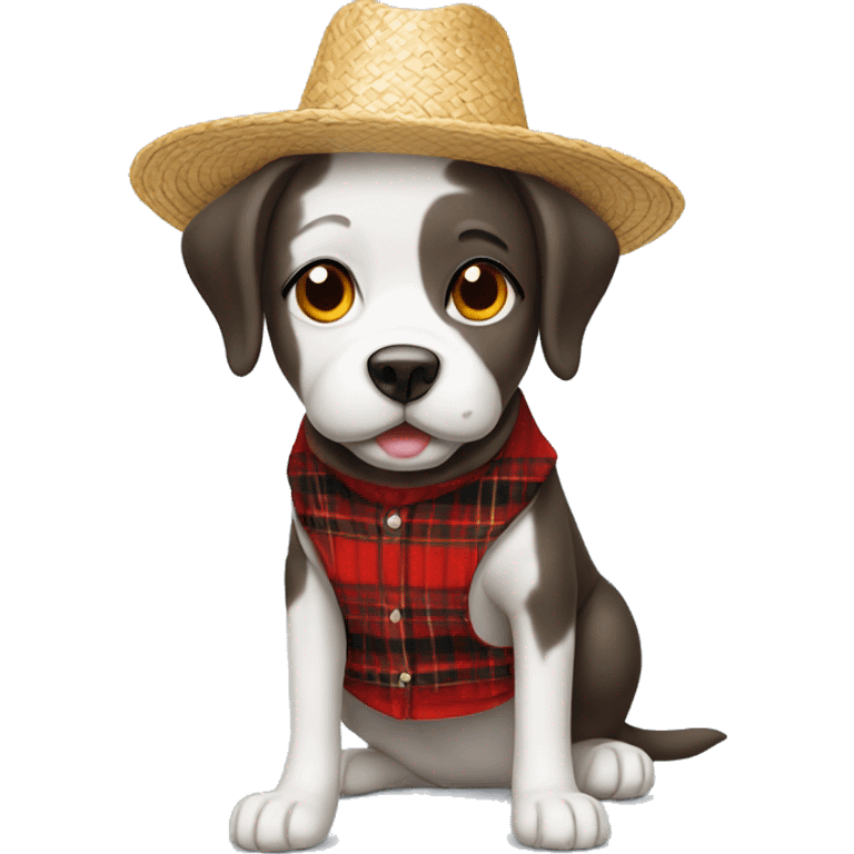 dog happy with straw hat and red plaid outfit emoji