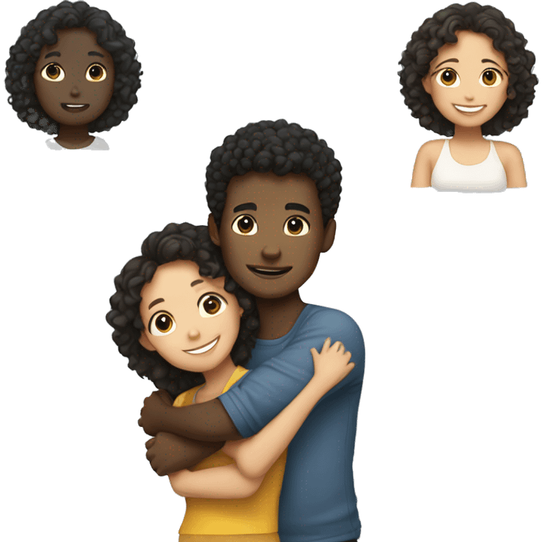 black boy with curly hair and Asian girl hugging emoji