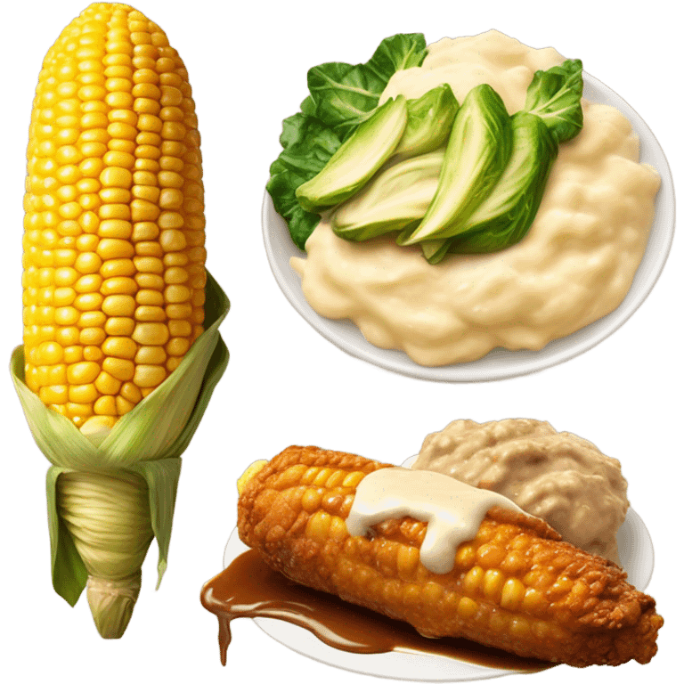 corn on the cob, chicken and  smothered chicken mashed potatoes and gravy, roasted brussel sprouts  emoji