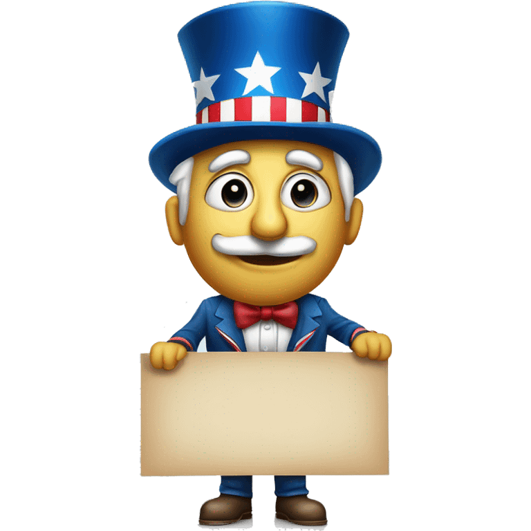 Uncle Sam with pitiful eyes holds a sign at full height waist photorealistic serious emoji