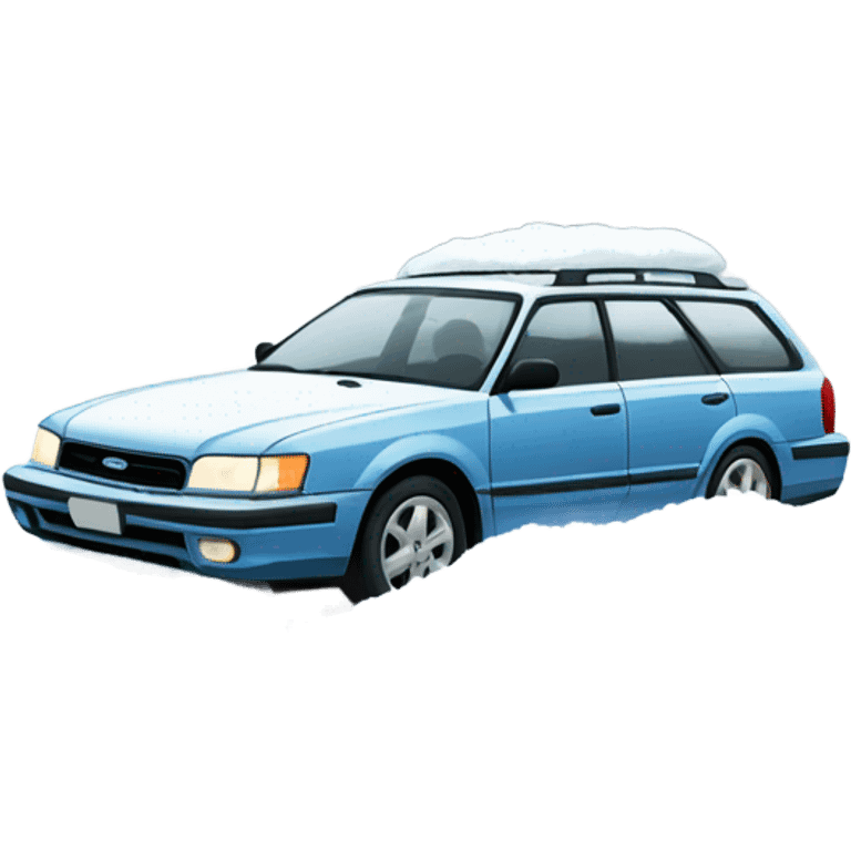 Snow, Light Blue 1990 Subaru legacy wagon stuck in a snowy ditch emoji