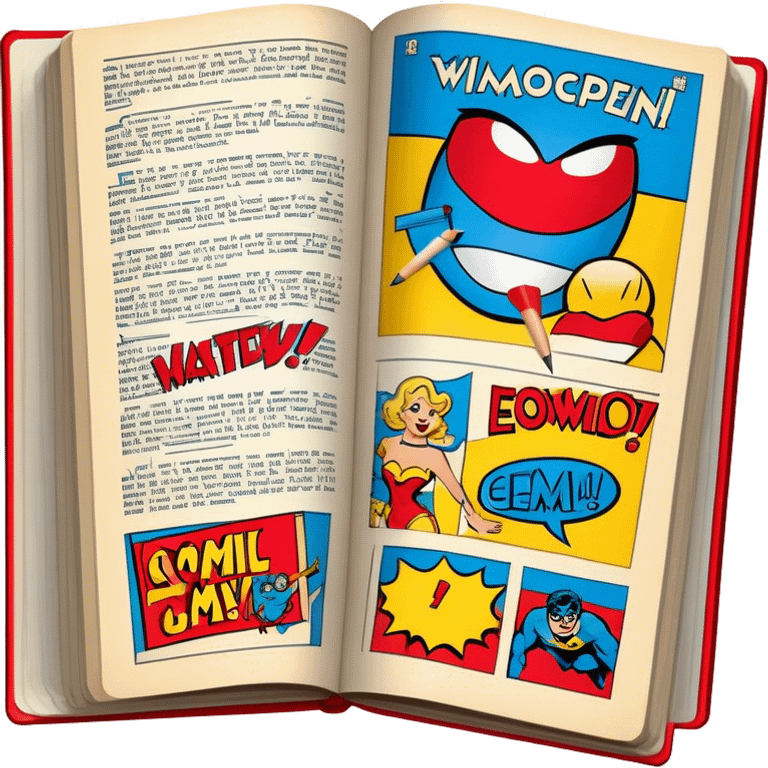 Create a vibrant emoji representing comic books and graphic novels as an art form. The design should feature a large, open comic book with vintage comic panels on the pages. Include a pencil (without a hand) gently writing text or sketching on the pages. The comic panels should have bold lines and retro-style artwork with classic comic book visuals. Use bright, energetic colors like red, yellow, and blue to evoke excitement and creativity. The overall design should feel dynamic, vintage, and artistic. Make the background transparent. emoji