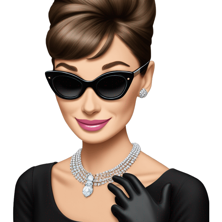 A single, simple and basic emoji of cute, smiling Audrey Hepburn from Breakfast at Tiffany’s wearing black dress, black gloves, black sunglasses, sliver necklace, and light pink lipstick  emoji