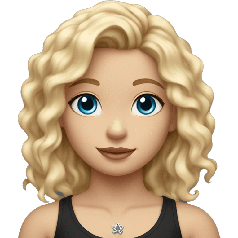 A girl with wavy blonde hair, blue eyes and a black tank top and a silver star of david necklace emoji