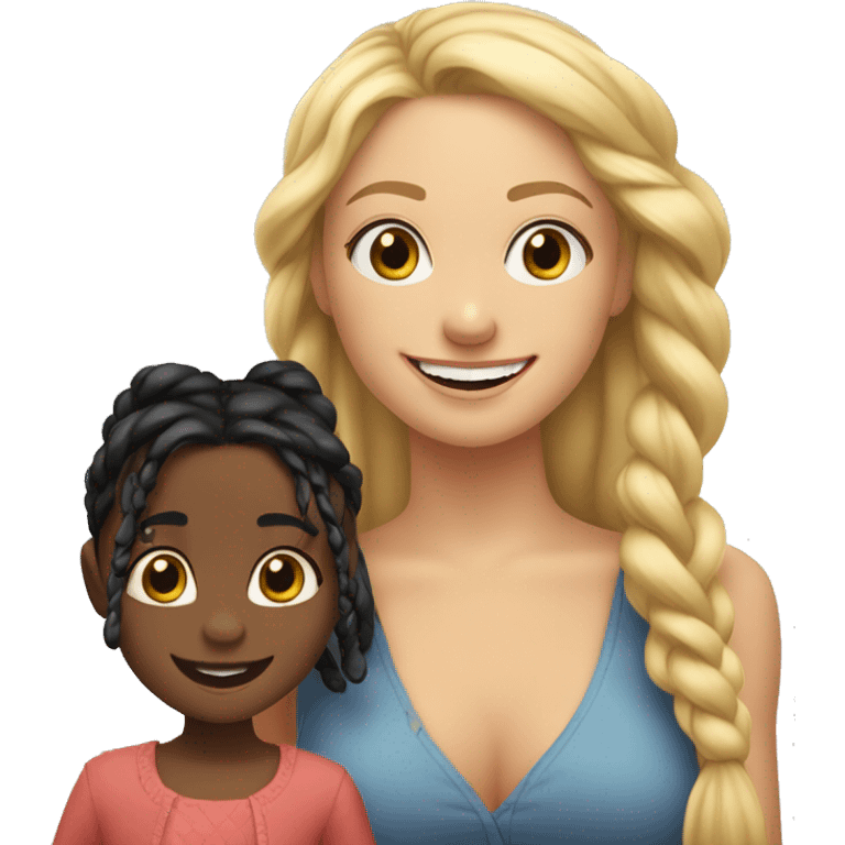 An emoji of a blonde mother with very long hair and a cheerful expression, standing next to her 3-year-old daughter, a small girl with black hair styled in two braids, both smiling happily together emoji