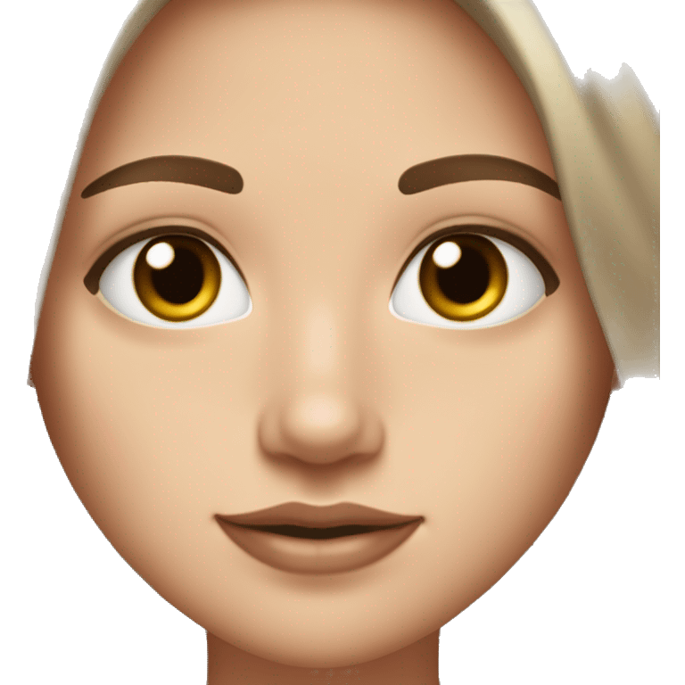 a white girl with dark brown milking brown straight hair middle part that’s short and ends the length on her shoulders with brown eyes and long eyelashes with lots of mascara on them and lipgloss on the lips plesse emoji