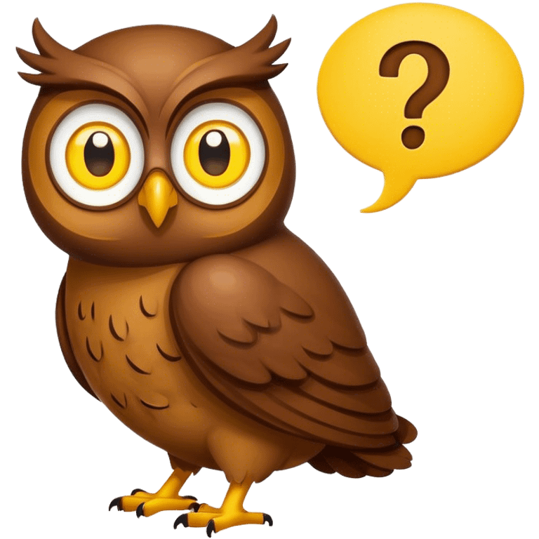 Small all Brown owl with a yellow question mark inside a thought bubble emoji