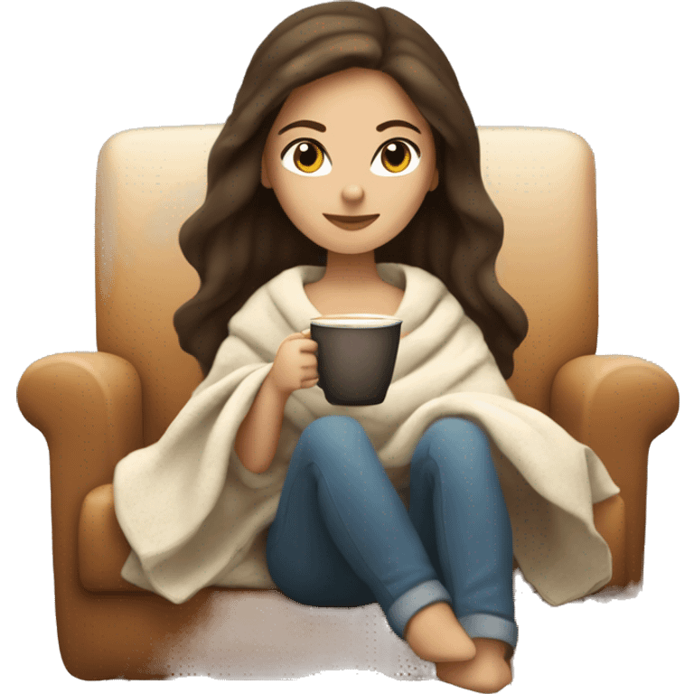 Brunette white girl covered in blanket autumn vibe sitting on a cozy chair holding coffee,  emoji