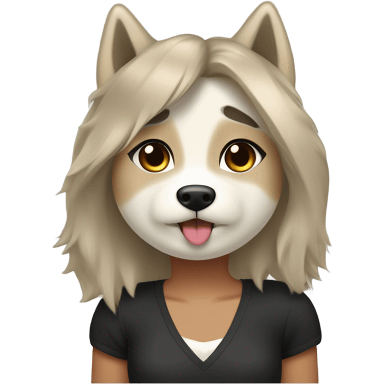 Husky beige doré à côté une fille aux cheveux noirs qui lui fait un bisou sur la joue emoji