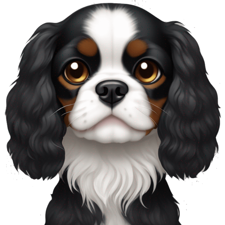 Small completely black Cavalier King Charles spaniel with black fur on his whole face and white fur on chest emoji