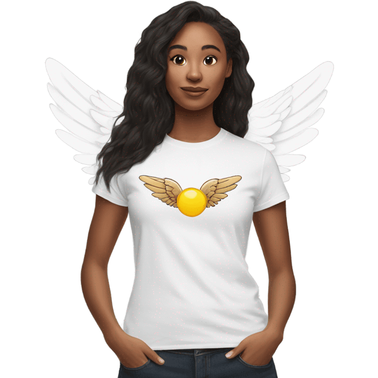 womans white t shirt with small drawing of wings on the front emoji