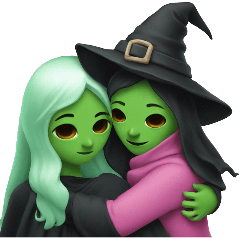 Witch dressed in black with green skin hugging pink dressed white witch emoji