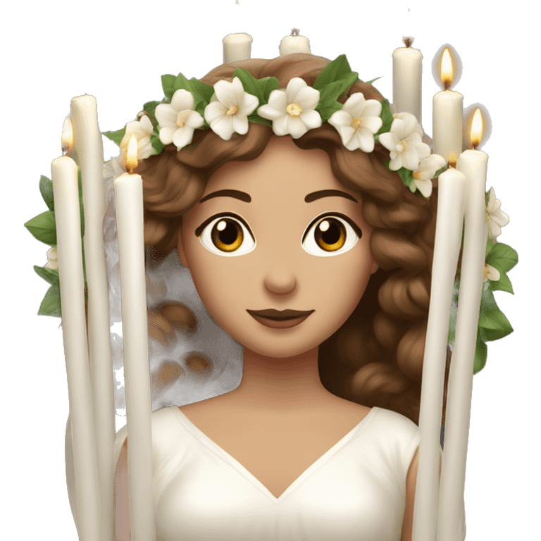 brown haired women with white gown and long white candles spur wreath on head emoji