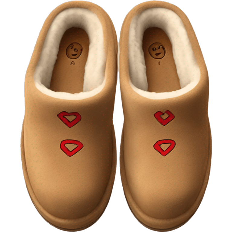 Ugg Camel slip-on slippers. A thin red zig-zag circling on cuff, VERY chunky platform sole. emoji