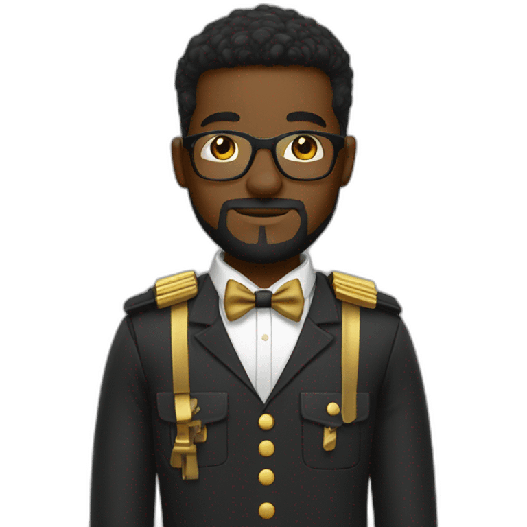 black soldier with beard, part in hair, white collared shirt, bow tie, gold glasses, bulletproof vest  emoji