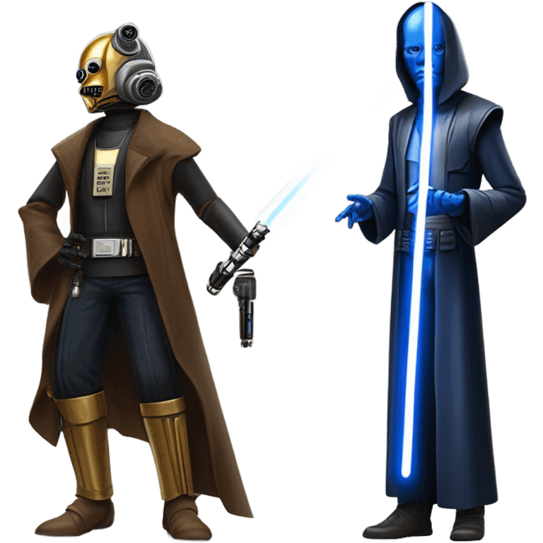 jedi first order human-sized darkblue-pearl friendly bounty hunter c3po droid wearing a leather wild west duster coat holding light saber ready to fight but relaxed. antiqued emoji