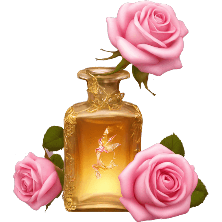 Rose magic fairy sparkling old Antique oil perfume bottle with herbal and rose flowers emoji