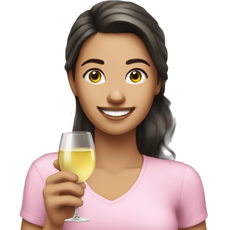 white girl with dark hair a glass of white wine wearing a pink shirt and smiling  emoji