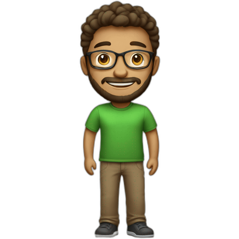 A 25 years old character that started a start-up company. He is joyful, with a small beard, trustworthy, smart, loving, with glasses, wearing a green t-shirt and brown pants. emoji