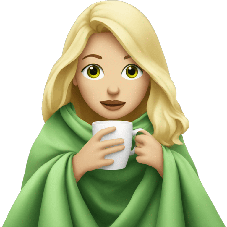 Blonde girl with green eyes inside a blanket sipping coffee  emoji