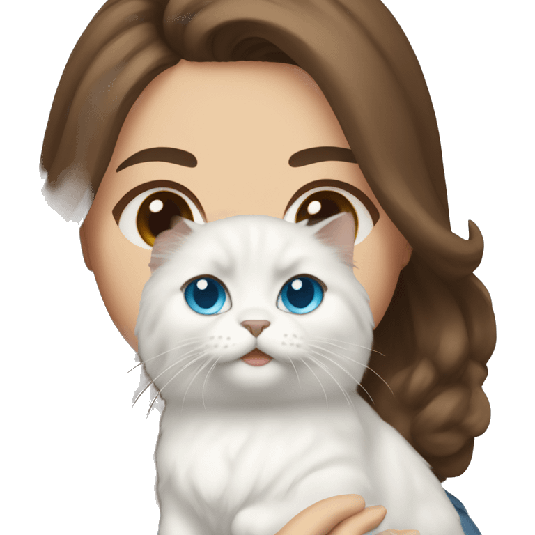 woman with brown hair and holding a all white Siberian cat with blue eyes emoji