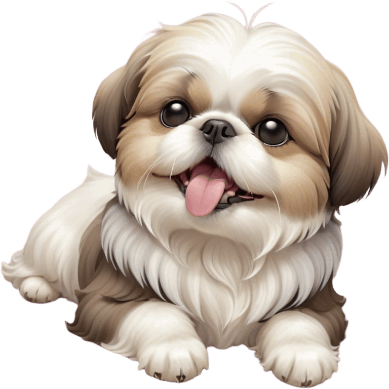 Cinematic Cute Yawning Shih Tzu Portrait Emoji, Head gently tilted with an irresistibly cute yawn and sleepy, half-closed eyes, showcasing a luxurious, fluffy fur in gentle pastel tones, simplified yet endearingly detailed, glowing with a soft, drowsy radiance, high shine, exuding tender, sleepy charm, styled with a delicate, soft glowing outline, capturing the essence of a Shih Tzu caught in a moment of adorable, sleepy bliss! emoji