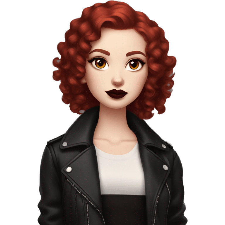 Girl with very pale skin, bright red curly short hair with a side part, black cat-eye makeup, dark maroon blush and lipstick.  Her eyebrows are dark, arched and very high.  Hazel eyes. Big lips. Thin. Wearing a black biker jacket. Holding a black cat emoji